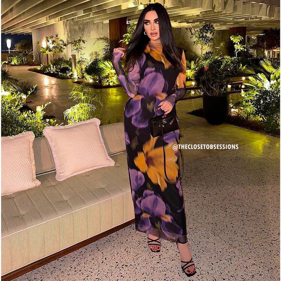 MANGO Fitted Floral Maxi Dress NWT | Multicolor High Neck Long Sleeve - Picture 13 of 16